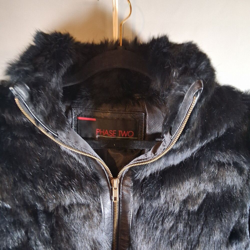 Vtg Phase Two Black Fur Jacket Leather Trim Sz M Mob Wife Coat 90s Goth Y2K Lux - Picture 3 of 12